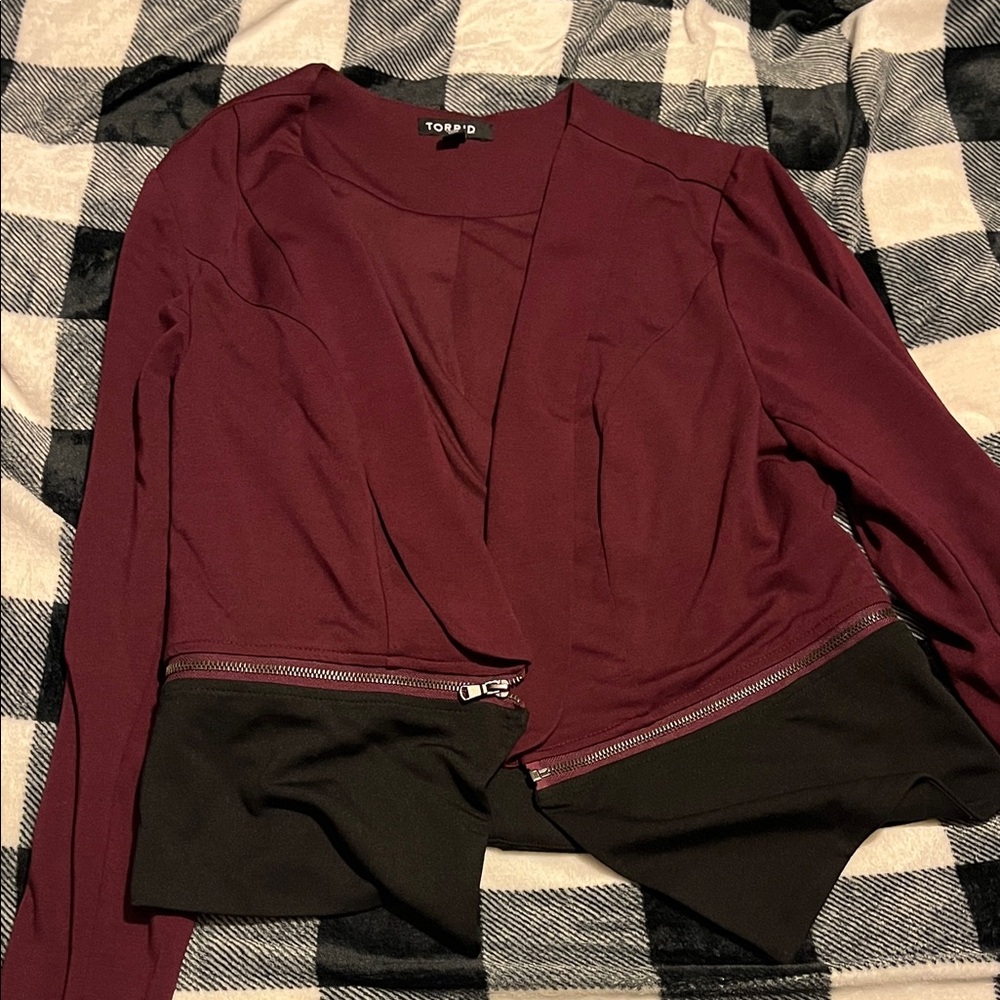 torrid Burgundy Open-Front Jacket with Black Hem